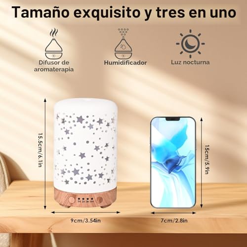 Miniatura 3 de Dreamhigh Difusor Aceites Esenciales 100ml, Cerámica Ultrasónico Difusor De Aromas Con Led De 7 Colores Y 4 Temporizadores, Humificador De Aromas-Anhidro Apagado Automático