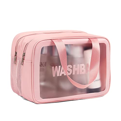 Clear Makeup Bag Pvc Waterproof Cosmetic Bag Large Clear Travel Toiletry Organizer Bag Set Clear Plastic Tote Bags Transparent Cosmetic Bag Clear Tote Bags Large Capacity Thickened Wash Bag (Pink) #TOP20