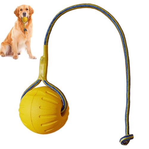 Bemonew 3 Inch Yellow Rubber Dog Ball on Rope Interactive Fetch & Teething Toy for Dogs