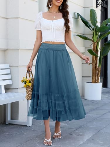 Casly Lamiit Skirts for Women Midi Tulle Skirt Long Skirt Spring Skirts Smocked High Waist Skirt Flowy Skirt Dressy Blue 2XL — view 2