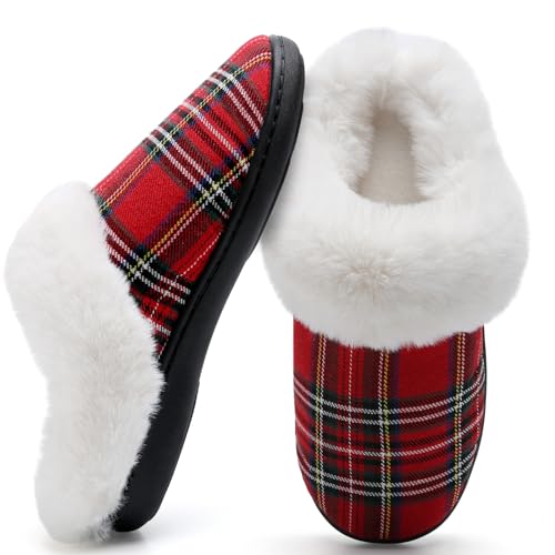 Hausschuhe Damen Winter Wärme Bequem Memory Foam Pantoffeln Indoor Home rutschfeste Kuschelig Weite Leicht Slipper(Weihnachts Rot,38/39 EU)