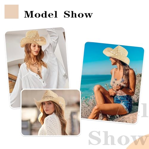 Image of Straw Cowboy Hats for Women Sparkly Western Cowgirl Hat for Holiday Party Foldable Vacation Beach Sun Hat with Wide Brim