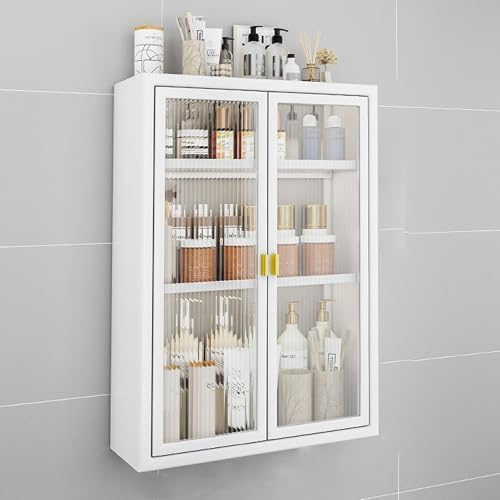 White Bathroom Wall Mount Medicine Cabinet with Glass Doors – Over Toilet Storage Organizer for Bathroom, Kitchen, Laundry Room, Dorms – 40x14x70cm