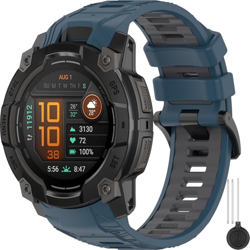Miimall Rugged Band for Garmin Instinct 3 50mm Waterproof Quickfit 26mm Soft Silicone Replacement Watch Bracelet Adjustable Strap for Garmin Instinct 3 SOLAR/AMOLED for Men Women Blue-Grey