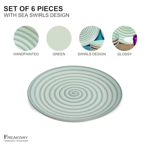Image of Freakway Hand-Painted 'Sea Swirls' Stoneware Dinner Plates 10.2 Inch Set of 6 Pieces Serving Plate Thali Ceramic Plates for Dinner | Microwave & Dishwasher Safe | Green