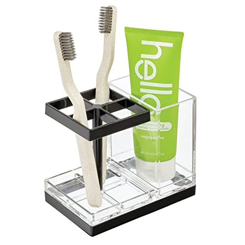 Mdesign Plastic Toothbrush And Toothpaste Storage Organizer Holder - Home Decor For Bathroom Countertop - Holds Toiletries And Beauty Accessories - Lumiere Collection - Clear/Black #TOP7