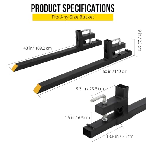 60" 4000lbs Clamp on Pallet Forks Heavy Duty Tractor Forks with No Adjustable Stabilizer Bar Quick Attach Pallet Fork for Bucket Tractor Loader Skid Steer