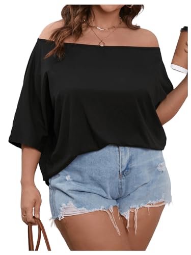 Women's Plus Size Off The Shoulder Casual Tee Top Summer Solid Dolman Short Sleeve Trendy T Shirt