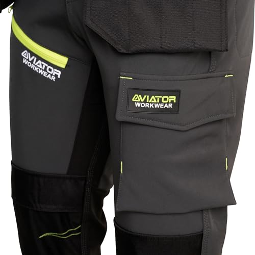 Men's Aviator Softshell Waterproof Cargo Workwear Trousers with Knee Pad Pockets Grey - Image 4