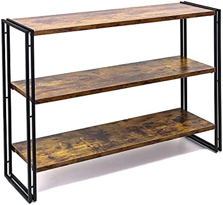 Bookshelf,3-Tier Open Bookcase,Rustic Wood and Metal Industrial Display Book Shelves Home Office,Bedroom Standing Shelf Unit,Horizontal Kitchen Shelf Organizer,Bathroom Storage Rack Mid Century 47in