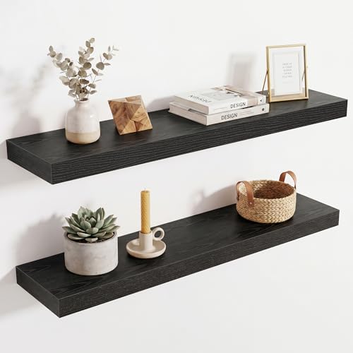 Image of Acovy 30in Long Floating Shelves for Wall Set of 2, Wood Wall Shelves for Bathroom Bedroom Kitchen Living Room Laundry Room, Modern Floating Shelf for Home Decor