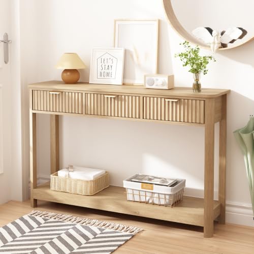 HOKYHOKY Fluted Console Table with Drawers, 47.1" Entryway Table, Natural