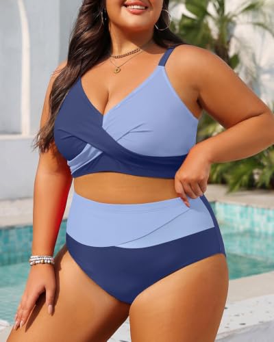 Image of Tempt Me Plus Size High Waisted Two Piece Swimsuit Color Block Bikini Set | Removable Padded Cups for Large Bust, Twist front Design, Color Block Style, Adjustable Straps