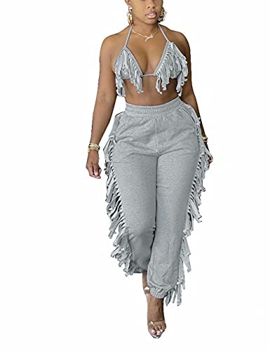 Women s Sexy Two Piece Outfits Halter Tie Triangle Top and Tassel Bodycon Long Pants Tracksuit
