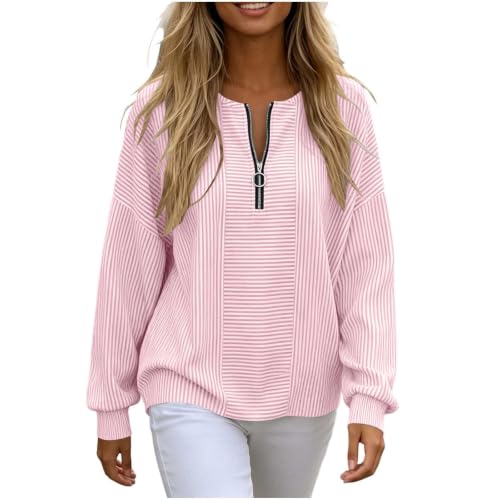 Fall Tops for Women Striped Quarter Zip Oversized Top Pink XXL