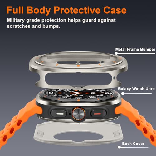 Image of Metal Case Compatible with Samsung Galaxy Watch Ultra /Ultra 2 (2025) 47mm with Back Cover, Rugged Thin Hard Frame Protective Cover for Galaxy Watch 7 /8 Ultra 47mm - Titanium Orange