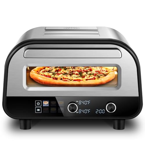 Upgraded Pizza Oven Heats up to 840°F Makes 12 Inch Pizzas in 90 Seconds Countertop Electric Pizza Maker with 6 Touchscreen Presets Pizza Stone & Peel Included - Stainless Steel