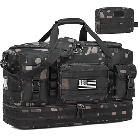 Travel Bag for Men Women, 50L Large Tactical Duffle & Gym Bag for Travel, with Shoe Compartment and Toiletry Bag, Weekender Overnight Trip with Wet Pocket for Workout Medical, Black CM Cover