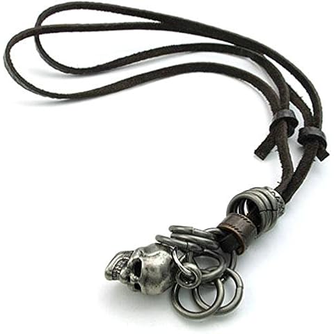 Jonline24h Mens Vintage Gothic Skull Pendant Adjustable Leather Necklace Chain, Brown Silver Cover