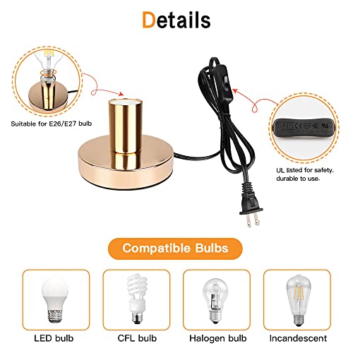 Helunsi Industrial Table Lamp Base, Gold E26 E27 Lamp Base Without Shade, Mini Short Desk Lamp Exposed Bulb Base, Simple Metal Edison Light Bulb Stand, With 5.8Ft Cord Switch Plug Bulb Base Holder #TOP3