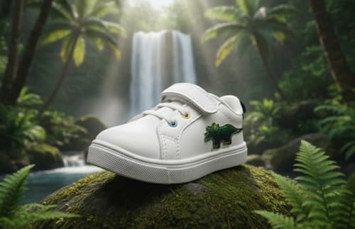 Image of Myau Kids Classic White Sneakers with Dinosaur Detail, Hook and Loop Straps, Casual Style, for 1-5 Years