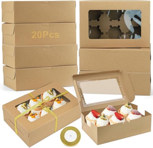 Qacpahucy 20 Pièces Boite Cupcakes, Boite Cupcakes 6 Trous, Boite a Cupcake avec Fenêtre Transparente, Boite Cupcakes pour Muffins Gâteaux Bonbons Beignets (couleur kraft)