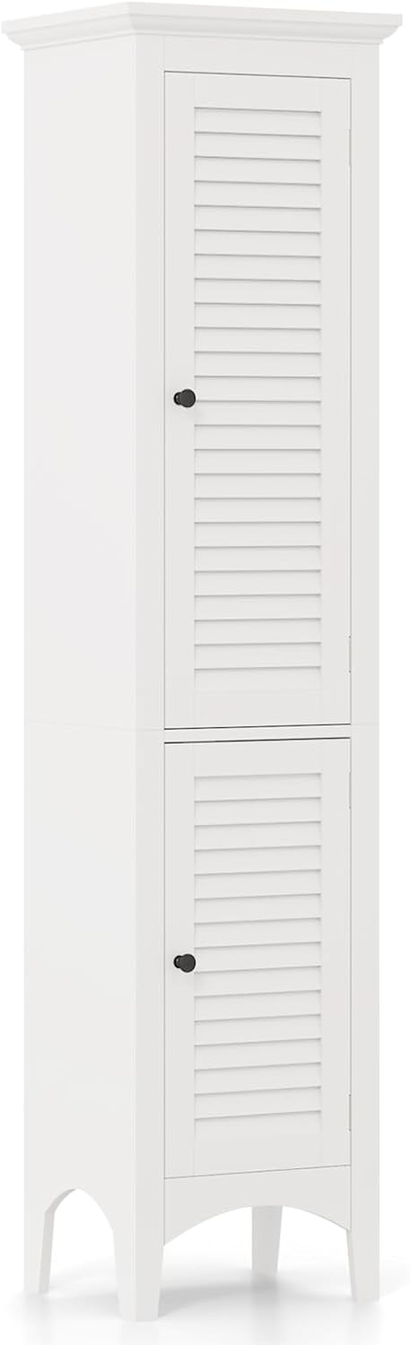 Giantex 63" Bathroom Tall Storage Cabinet - Narrow Freestanding Floor Cabinet with Doors, 5 Tier Shelves(1 Height Adjustable), Corner Pantry Cabinets for Living Room, Slim Tower (1, White)