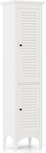 Miniatura 10 de Giantex Paquete de 2 gabinetes de almacenamiento altos para baño, gabinete de piso independiente estrecho de 63 pulgadas con puertas, estantes de 5