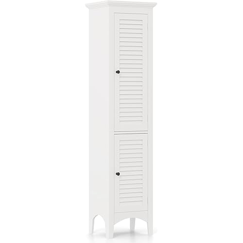 Giantex 63" Bathroom Tall Storage Cabinet - Narrow Freestanding Floor Cabinet with Doors, 5 Tier Shelves(1 Height Adjustable), Corner Pantry Cabinets for Living Room, Slim Tower (1, White)