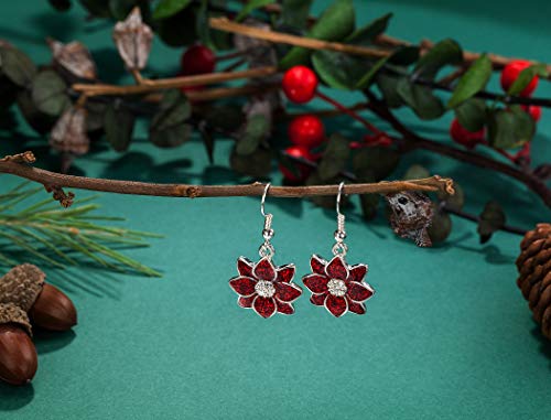 Poinsettia Christmas Flower Dangle Earrings Silver Plated Sparkling Crystal Christmas Earrings Gifts Holiday Party Decorations with Message Card & Velvet Bag2