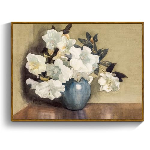 crmotu Floral Framed Wall Art, Still Life Azalea Botanical Prints, Vintage Vase White Flowers Canvas Pictures, Retro Wall Paintings for Living Room, Bedroom Kitchen Office Desktop Small Artwork 8x10in