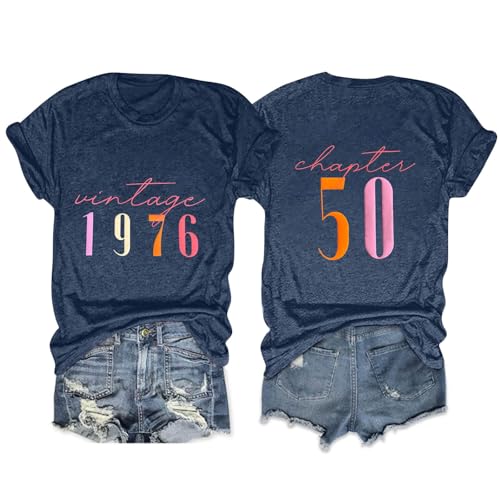 Vintage 1976 T Shirts for Women Chapter 50 Tshirts 50th Birthday Gifts Shirts Short Sleeve Tee Tops Dark Blue M