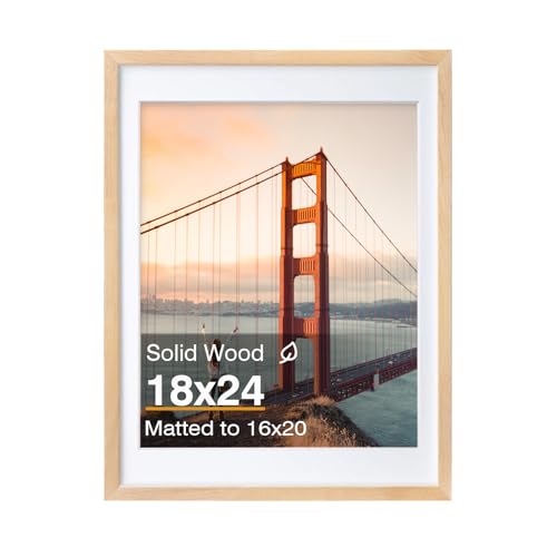 KINLINK 18x24 Picture Frame Natural - Solid Wood Frames with Acrylic Plexiglass for Pictures 16x20 with Mat or 18x24 without Mat, Wall Display Photo Frame, Set of 1