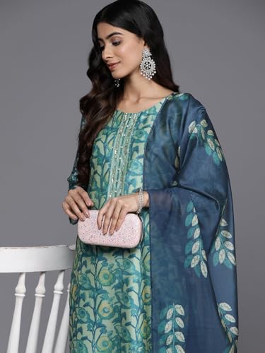 Image of Varanga Women Floral Printed Kurta Pant Set with Dupatta | Silk Blend Fabric | Summer Wear | 3 /4 Sleeve Round Neck | Lightweight & Comfortable Daily Wear