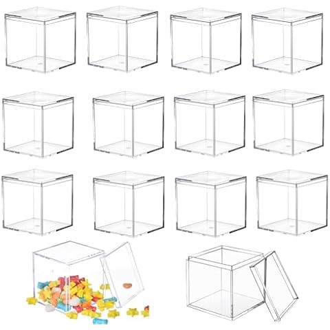 LOVPLAY Acrylic box with Lid Clear 12 Pack Small Acrylic Square Cube Containers Plastic Storage Box 1.77x1.77x1.77Inch/45X45X45mm for Birthday Valentine's Day Party Favor Candy Pill and Tiny Jewelry Cover