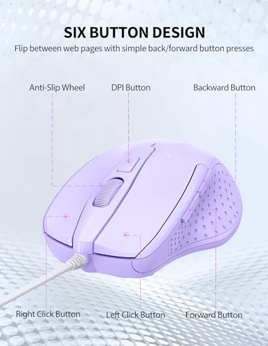 Image of TECKNET Wired Mouse, 6-Button Corded with 4 Adjustable DPI, Optical Ergonomic Design, 5FT Cord for Laptop, Chromebook, PC, Desktop, Mac, Notebook - LT.Purple