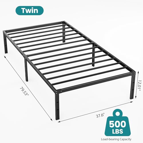 Image of Sweetcrispy Twin Size 12 Inch Platform Bed Frame, Heavy Duty Metal Foundation Frame, Noise-Free Sturdy Steel Slats, Underbed Storage, No Box Spring Needed, Quick Setup