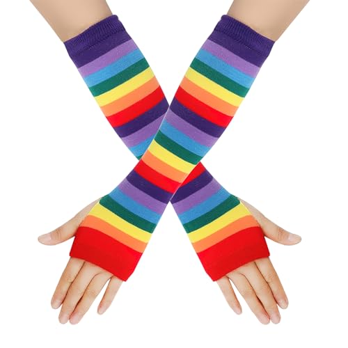 Boxkat Rainbow Stripe Long Fingerless Gloves Warmer Knitted Elastic Arm Elbow Thumbhole Gloves for Women Man Rainbow Gay Pride Day Party Gloves