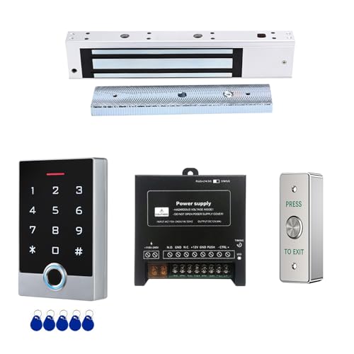 Fingerprint Door Access Control System Kit with 600lbs Magnetic Lock, Metal Keypad Reader, ID Card & Password Entry, Access Power Supply, Exit Button - for Office, Business, Home