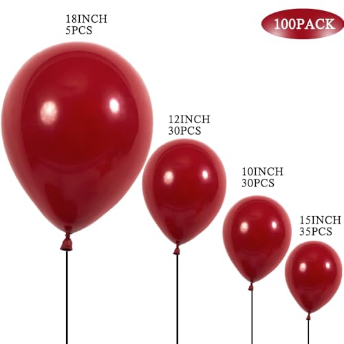 Image of Latex Balloons, 100-Pack Different Sizes 18 12 10 5 Inch Party Balloon Garland Kit (Ruby Red)