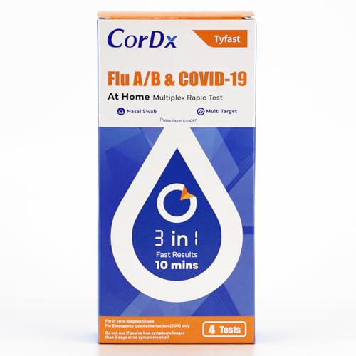 CorDx TyFast at Home Flu A/B & COVID-19 Multiplex Rapid Test Kit, Easy, Accurate, Fast Results in 10 Minutes, 3 in 1 Combo Kit, 4 Tests
