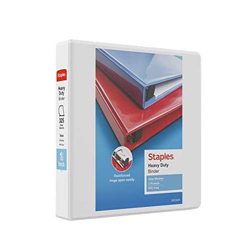 Staples Heavy-Duty 1.5 Inch 3-Ring View Binders with D-Rings, White,