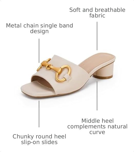Image of Coutgo Womens Heeled Slides Sandals Square Open Toe Slip on Comfortable Kitten Block Low Heel Metal Chain Dressy Shoes