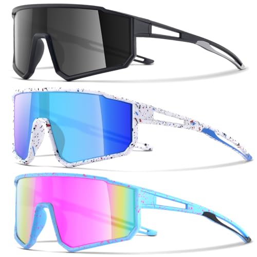 CMBJJU 3PACK Kids Sunglasses,Youth Baseball Glasses,Cycling Goggles for 6-14 Boys Girls,UV400 Protection (3pcs-Black+White Blue+Blue Pinke-K06)
