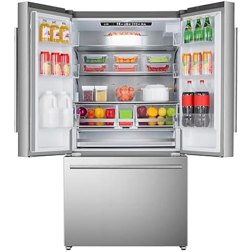 DE210FDBMDSS Refrigerator Built in with French Doors Adjustable Glass Shelves Dual Drawer Bottom Freezer with Ice Maker, LED Interior Light and Stainless Steel Exterior, 36-Inch, Metallic