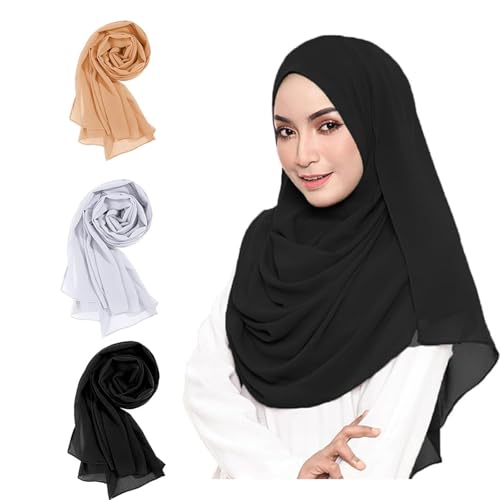 Luckwaii Hijab Musulmana Mujer, 3 Piezas Chifón Ligero y Fluido Moderno Pañuelo Musulmán Islámico para la Cabeza, Gasa Suave y Sedosa Hijab Fular 175 x 70 cm Turbantes para Mujer