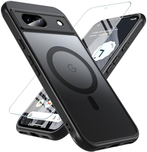 OWKEY Magnetisch für Google Pixel 8A 5G Hülle mit Schutz Glas, Schwarz | Kompatibel mit MagSafe, Dünn Militärschutz Schutzhülle Case, Transluzente Matt Rückseite Handyhülle für Goo