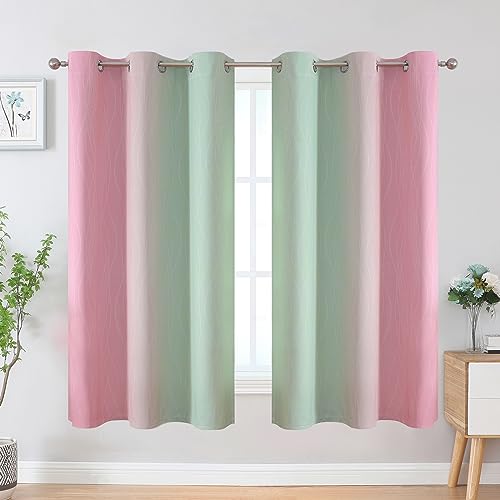 Estelar Textiler Pink and Sage Green Blackout Curtains & Drapes for Bedroom, Thermal Insulated Ombre Blackout Drapes, Room Darkening Energy Saving Curtains for Living Room, 42Wx63L, 2 Panels
