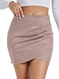 Rooscier Women's Faux Suede Ruched Wrap Bodycon High Waist Zipper Back Mini Skirts Dark Beige X-Small