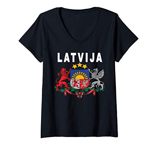Mujer Latvian Language National Print - Coat of Arms for Latvia Camiseta Cuello V